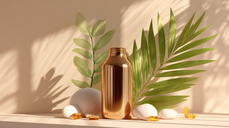 Vitamin bottle is elegantly arranged with leaves and stones, reflecting sunlight in a calming environment during the day.の素材