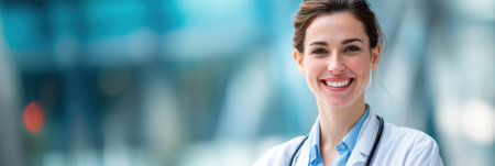 Smiling doctor wearing a white coat and stethoscope stands confidently in a clinical environment ready to provide care and support.の素材