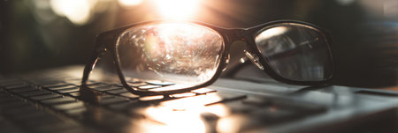 Glasses lie on a keyboard, reflecting sunlight, suggesting a peaceful moment in a busy tech environment during daylight hours.の素材