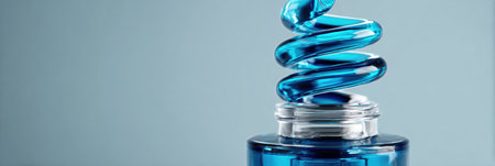 A vibrant blue liquid forms a delicate swirl, capturing attention and showing skincare innovation in a clean, modern space.の素材