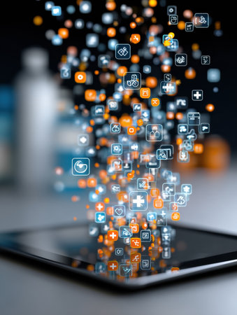 Digital tablet displays an array of medical icons, symbolizing the latest innovations in pharmacy and health technology.の素材