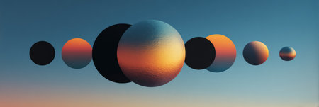 Surreal composition features floating lenses arranged in a sequence, bathed in warm gradient light, creating an ethereal environment.の素材