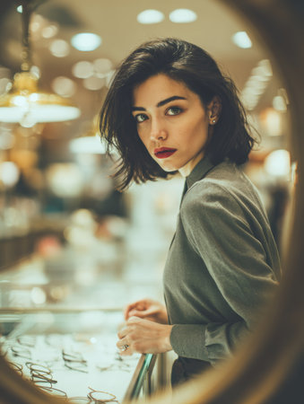 A woman tests various eyewear frames in a stylish optical boutique with bright lighting, looking into a mirror for the perfect choice.の素材