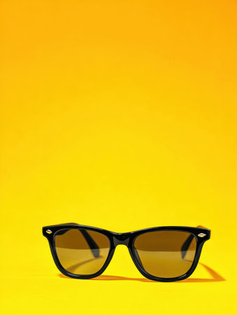 Black sunglasses pop against a bright yellow background, setting a fun summer vibe for outdoor adventures!の素材