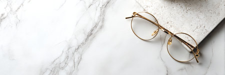 Rimless glasses are placed on a smooth marble surface, creating a minimalist scene with gentle lighting that enhances the elegance.の素材