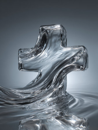 A flowing liquid wave gracefully shapes a transparent medical cross, conveying themes of purity and healing in a calm setting.の素材