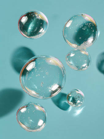 Light and airy transparent bubbles appear against a calming blue background, evoking a sense of freshness for skincare products.の素材