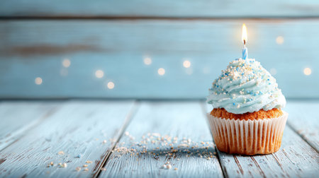 A delicious cupcake topped with icing and a candle sits on a rustic wooden table adorned with sparkling decorations, creating a festive atmosphere.の素材