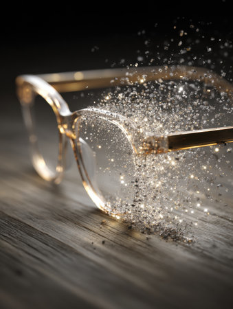 Glasses frame disintegrates into shimmering particles, symbolizing light and clarity in a creative experience.の素材