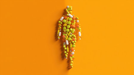 Pills and capsule assembles into a human form, showcasing a creative health concept on a bright orange backdrop, ideal for wellness themes.の素材