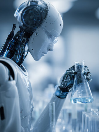 Robot lab assistant focuses on mixing a skincare serum in a clean laboratory setting, showing advanced technology in skincare research.の素材