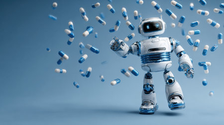 A robot pharmacist is surrounded by floating pills and molecules, showing advanced technology in a sci-fi healthcare environment.の素材