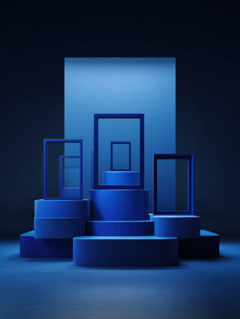 Smooth matte surface showcases modern frames arranged on circular platforms, creating a striking visual effect with blue hues.の素材