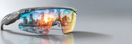 Smart glasses showcase an AR interface while reflecting a vibrant futuristic city skyline at sunset, blending technology and urban life.の素材