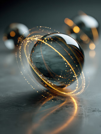 An arrangement of floating abstract spheres resembles futuristic lenses, illuminated by glowing trails and set against a smooth surface.の素材