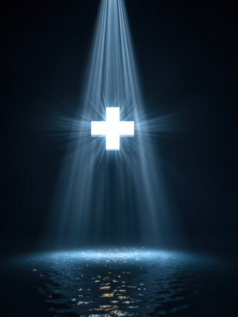 A cross-shaped beam of light breaks through darkness, reflecting on water below, evoking feelings of hope and healing.の素材
