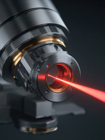 An optical lens is actively focusing a beam of red light onto a surface, demonstrating advanced technology in action.の素材