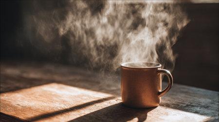 A steaming cup of coffee sits on a wooden table, surrounded by a tranquil atmosphere in the gentle morning light, inviting comfort and warmth.の素材