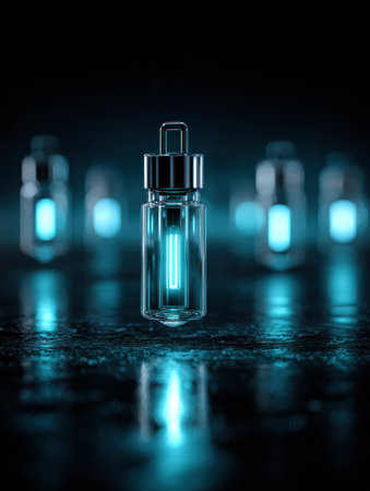 A glowing glass ampoule illuminates a dark background, showing careful craftsmanship and precision in its design for scientific applications.の素材