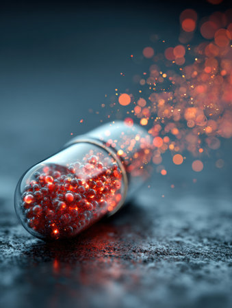 Capsule opens to release radiant particles, illustrating the vibrant power and benefits of nutrients for health enhancement.の素材