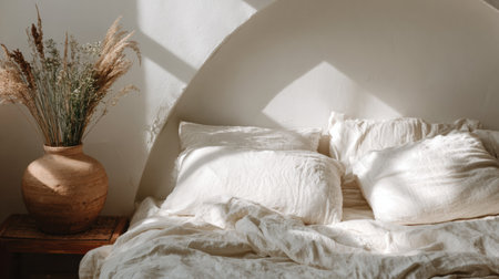 A serene bedroom features a cozy bed with soft pillows and light bedding, enhanced by sunlight filtering through the window.の素材
