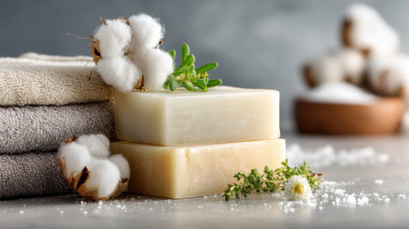 Natural soap bars with cotton and herbs rest on fluffy towels in a serene spa environment, creating a calm and inviting atmosphere.の素材