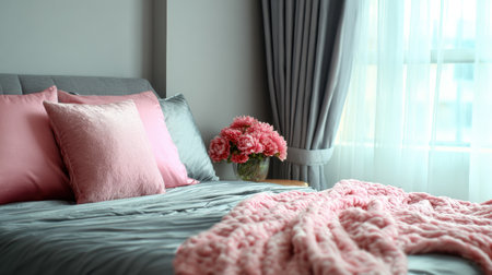 Soft pink cushions and a cozy blanket adorn a minimalist bedroom, enhanced by a bouquet of flowers and soft natural light from the window.の素材
