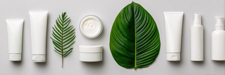 Skincare products are arranged neatly on a smooth surface with fresh green leaves showing a clean and organic aesthetic.の素材