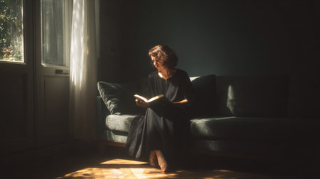 A woman sits comfortably on a couch, absorbed in a book as sunlight streams through the window, enhancing the peaceful ambiance of the room.の素材