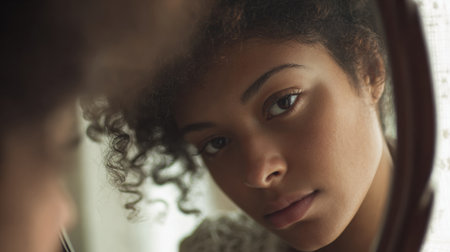 A young woman gazes thoughtfully into a mirror, reflecting her unique beauty in a softly lit setting, emphasizing diversity and self-acceptance.の素材