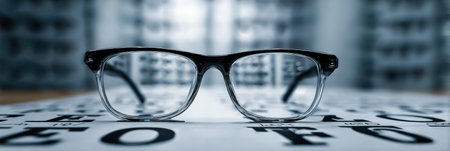 Glasses are centered in the foreground, while a vision chart is blurred in the background, creating a strong focus on vision care.の素材