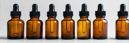 Brown glass dropper bottles are lined up neatly on a white surface, showing a minimal and clean pharmacy aesthetic perfect for wellness products.の素材