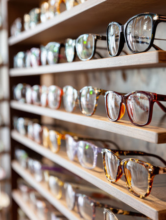 Colorful designer eyeglass frames are neatly arranged on wooden shelves in an optical store with a soft focus effect.の素材