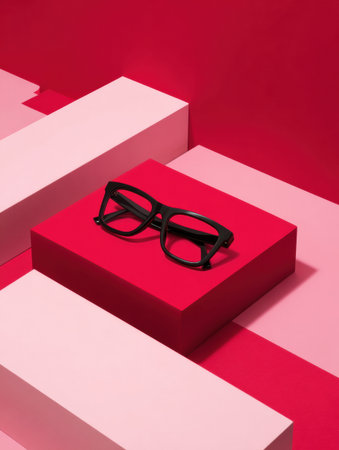 A flat lay displays an optical frame set against bold geometric shapes and bright colors, creating a striking design composition.の素材