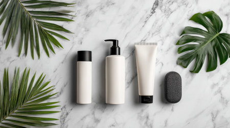 Simple skincare products are arranged on a marble background with green leaves to emphasize natural beauty and sustainability.の素材