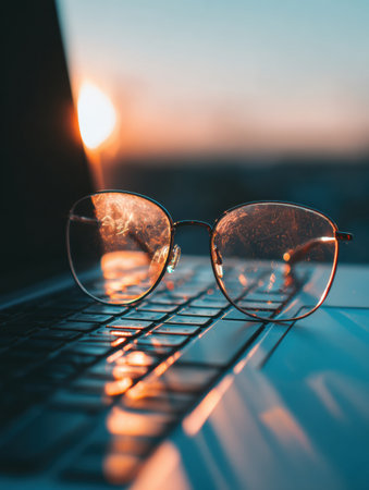 Glasses lay on a laptop keyboard, reflecting sunlight, symbolizing focus and creativity in a tech workspace during evening hours.の素材