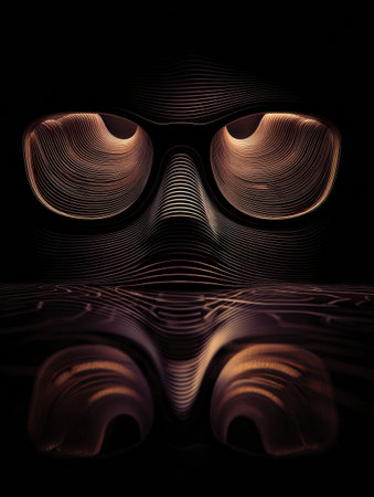 Abstract curved lines form an imaginative silhouette of glasses, suggesting movement and flow in a dark background setting.の素材
