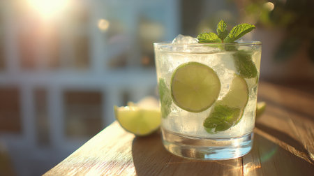 A vibrant summer cocktail adorned with lime slices and fresh mint sits on a wooden surface, illuminated by warm sunlight.の素材