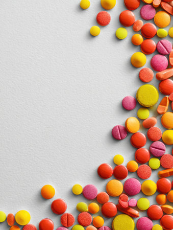 Various pills in bright colors are neatly arranged on a white table, capturing a vibrant and organized display from above.の素材