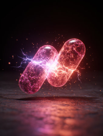 Capsules float and burst into colorful light particles, creating an energetic scene filled with vitality and dynamic illumination.の素材