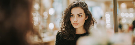 Woman tests colorful frames in the mirror at an optical boutique, enjoying the experience under bright, inviting lighting.の素材