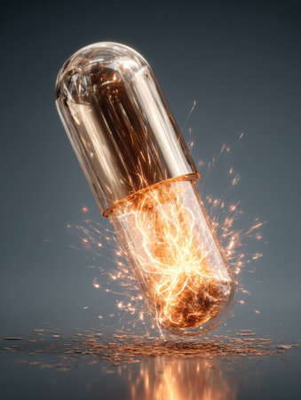 Capsule bursts open, releasing a cascade of glowing particles that symbolize the vitality and benefits of vitamins.の素材