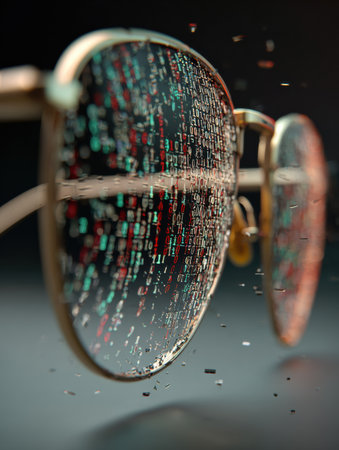 Glasses dissolve into a flowing stream of binary numbers, symbolizing the fusion of vision and artificial intelligence in a digital world.の素材