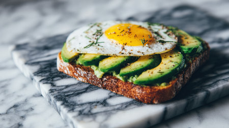 Fresh avocado spread on whole grain toast with a perfectly fried egg on top sits on a beautiful marble board surrounded by natural light.の素材