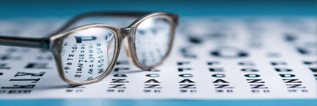 Focus on clear glasses with a blurred vision chart in the background, emphasizing the significance of regular eye exams for good health.の素材