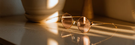 Close-up view of sunglasses placed on a counter, showcasing soft light reflections and warm tones from a mirror nearby.の素材