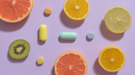 A colorful arrangement of vitamins and fresh fruits on a soft pastel surface promotes health and wellness, encouraging good nutrition.の素材