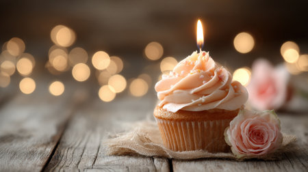 A beautifully decorated cupcake with a lit candle sits on a rustic wooden surface, surrounded by soft lights and delicate flowers for celebration.の素材