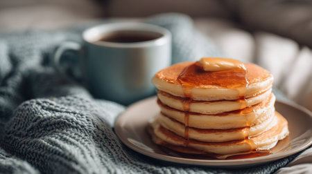 Fluffy pancakes stacked high and covered with syrup sit beside a steaming cup of coffee, creating a cozy breakfast scene perfect for any morning.の素材