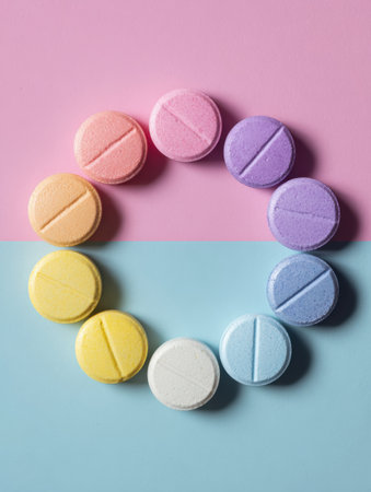Vitamin pills in soft colors create a circular pattern on a pastel backdrop, emphasizing health and well-being.の素材